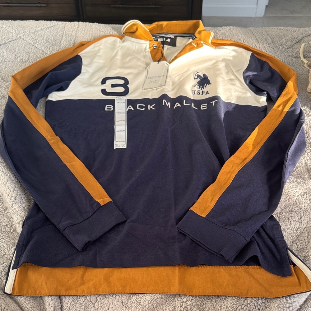 U.S. Polo Assn. Men's Navy, White & Gold Long-Sleeve Rugby Shirt